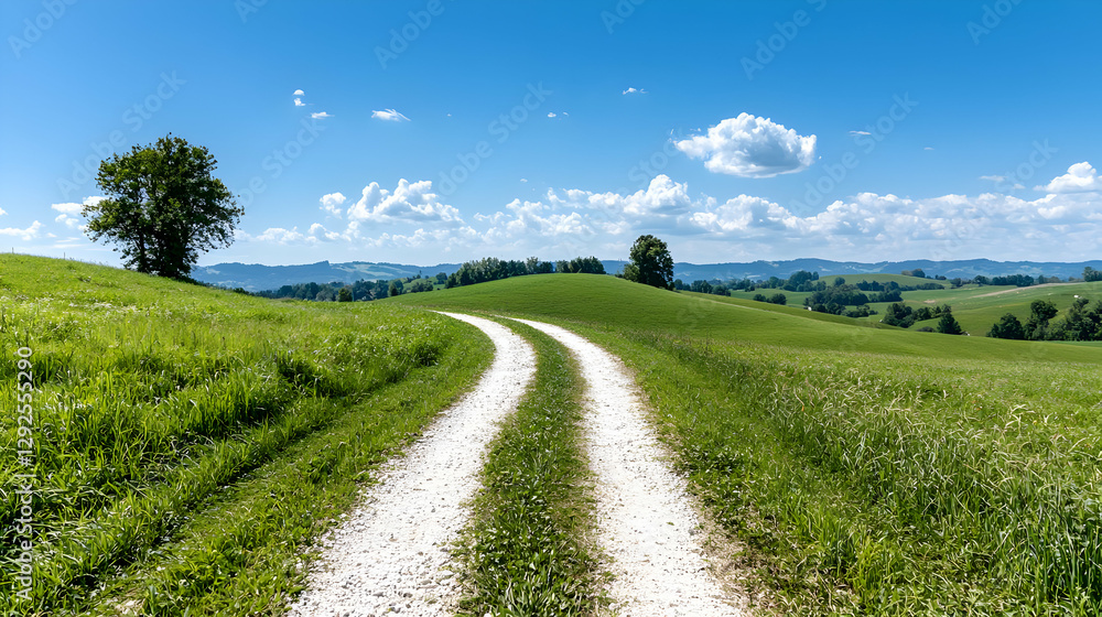 Winding gravel road through green hills, sunny day, scenic landscape, travel background Winding gravel road through green hills, sunny day, scenic landscape, travel background
