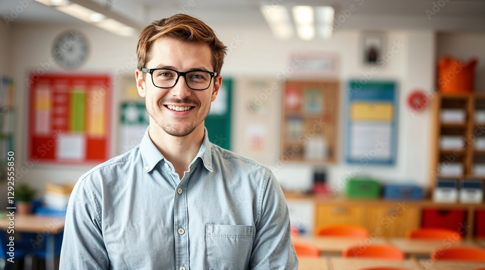 Fototapeta premium Happy male teacher standing in the classroom and looking at camera