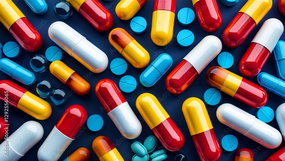 Vibrant capsules and pills in abstract dynamic display Vibrant capsules and pills in abstract dynamic display