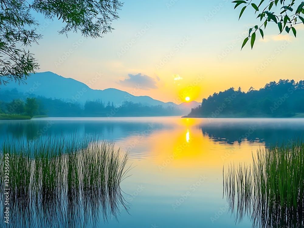 Sunrise lake misty mountains calm Sunrise lake misty mountains calm