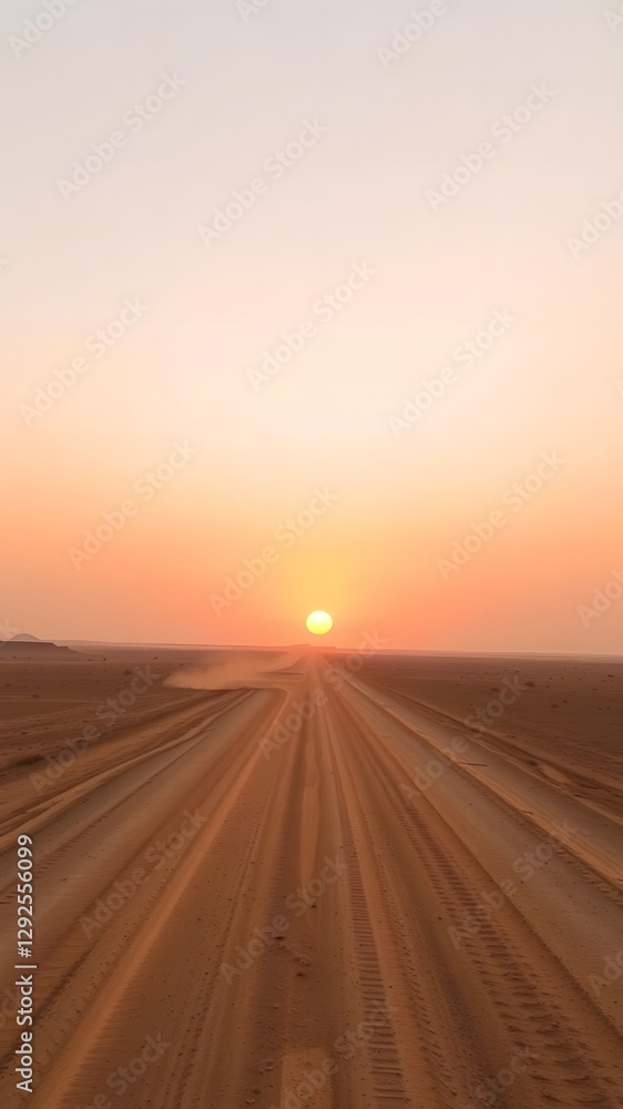 Naklejka premium Sunset Over Dusty Desert Roads Leading to an Endless Horizon with Soft Pink and Yellow Sky