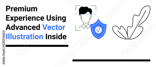 User profile face recognition, shield with checkmark for security, and abstract decorative leaf. Ideal for biometrics, identity verification, privacy, cybersecurity, safe tech, online platforms flat