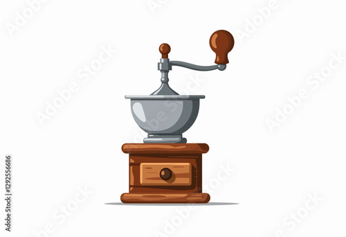 Clean Vector Manual Coffee Grinder Graphic: Brown Wooden Base, Silver Metal Bowl, Minimalist Style, Simple Geometric Shapes on White

