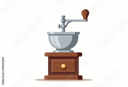 Manual Coffee Grinder Vector Illustration: Brown Wooden Base, Silver Metal Bowl, Clean Lines, Simple Geometric Shapes, Isolated on White

