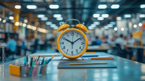 Bright Yellow Alarm Clock on a Desk with Blurred Office Background Representing Time Management and Productivity in a Modern Workspace