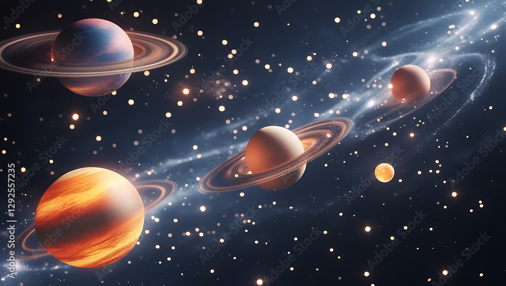 Fototapeta premium A mesmerizing 4D visual representation of celestial bodies in motion, set against a mysterious, dark black space galaxy background, created by generative ai