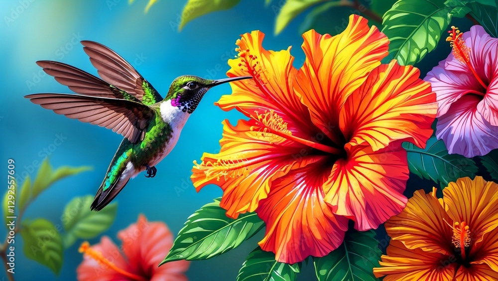 Fototapeta premium Vibrant hummingbird hovering above tropical hibiscus flower