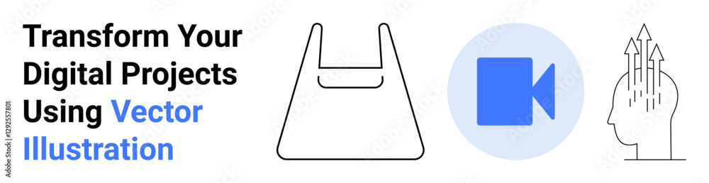 Outline bag, video icon, and creative idea visualization with arrows to symbolize innovation, technology, and functionality. Ideal for e-commerce, education, brainstorming, tech tools collaboration Outline bag, video icon, and creative idea visualization with arrows to symbolize innovation, technology, and functionality. Ideal for e-commerce, education, brainstorming, tech tools collaboration