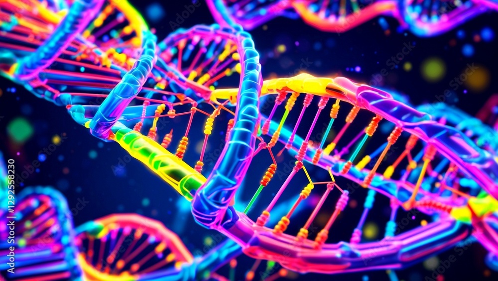 Vibrant neon dna helix showcasing scientific innovation Vibrant neon dna helix showcasing scientific innovation