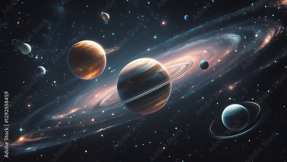 Fototapeta premium A mesmerizing 4D visual representation of celestial bodies in motion, set against a mysterious, dark black space galaxy background, created by generative ai