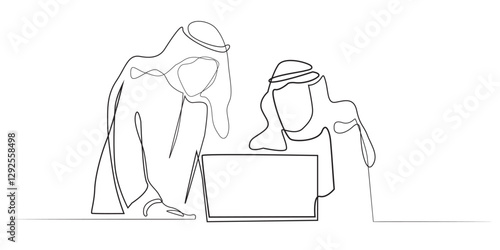 continuous line of two arab businessmen discussing in front of laptop.single line image of two arab businessmen discussing work,business progress strategy.single line isolated on white background
