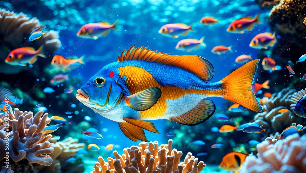Obraz premium Vibrant underwater fish amidst colorful coral reef