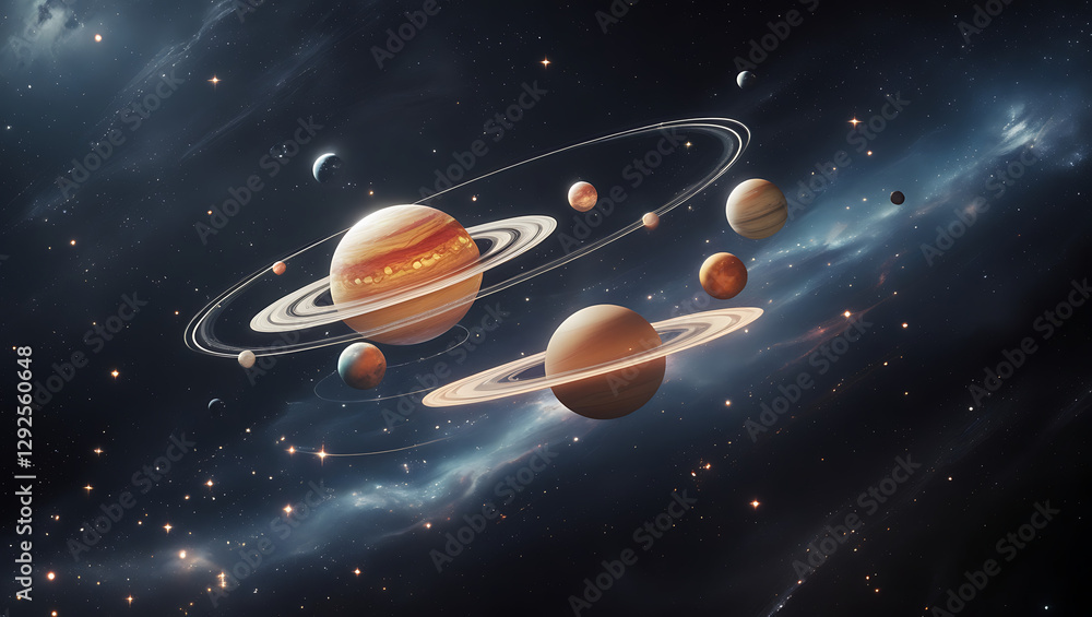 Naklejka premium A mesmerizing 4D visual representation of celestial bodies in motion, set against a mysterious, dark black space galaxy background, created by generative ai