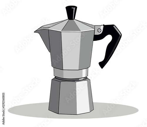 Clean Vector Stovetop Espresso Maker Graphic: Silver Metallic Finish, Black Handle, Minimalist Style, Simple Geometric Shapes on White Background

