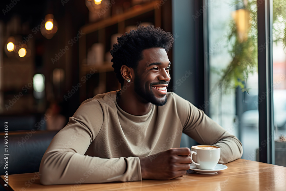 A beautiful Black man enjoying a cup of coffee at a cafe A beautiful Black man enjoying a cup of coffee at a cafe