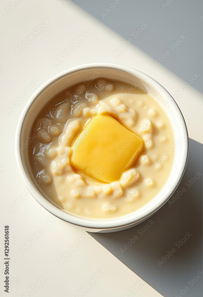Bowl of oatmeal with yellow butter pat for recipe websites, food blogs, breakfast menu designs, and nutritional education content Bowl of oatmeal with yellow butter pat for recipe websites, food blogs, breakfast menu designs, and nutritional education content