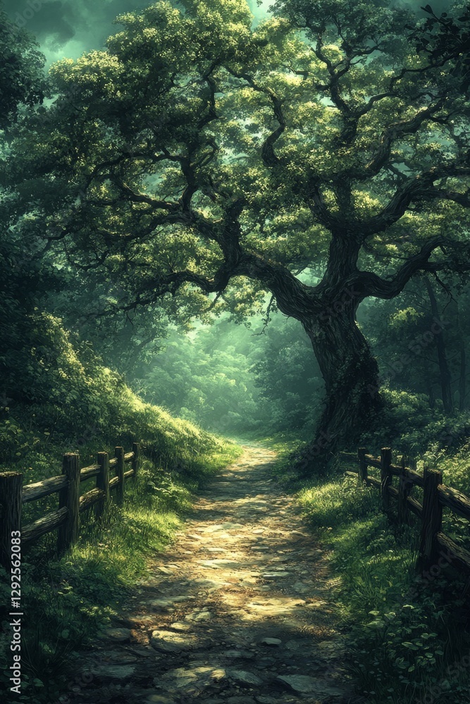 Lush Green Forest Pathway Surrounded by Majestic Trees and Soft Evening Light in a Tranquil Nature Scene Lush Green Forest Pathway Surrounded by Majestic Trees and Soft Evening Light in a Tranquil Nature Scene