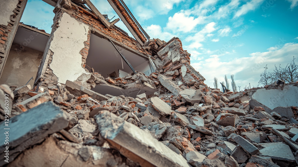 Fototapeta premium Destroyed building, damaged structure, consequences of a disaster, cataclysm or war, cartoon vector isolated illustration