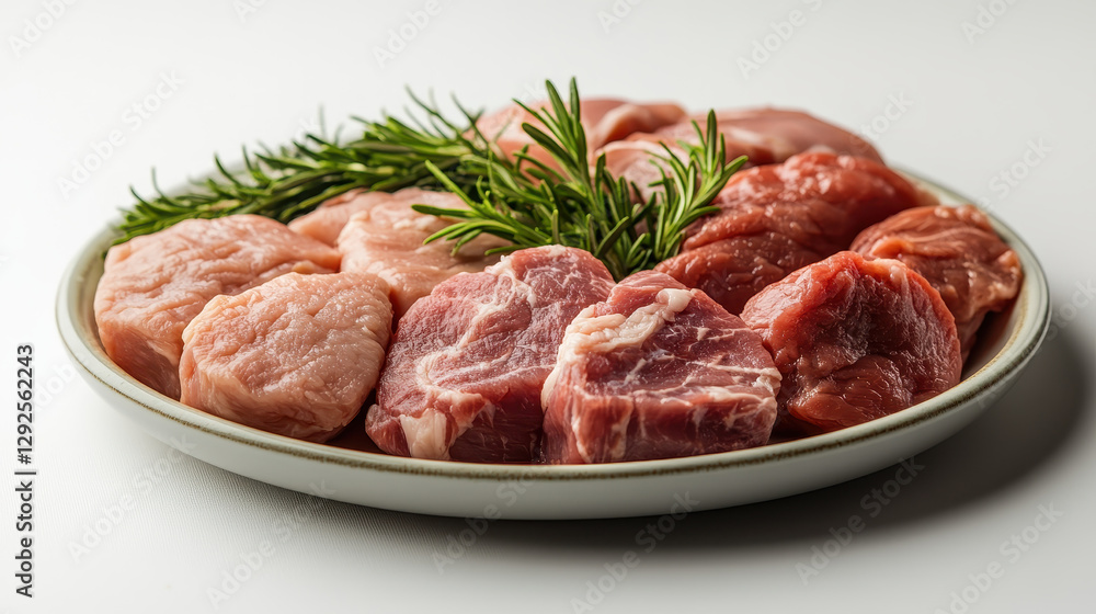 Raw Pork Cutlets with Rosemary on White Plate Raw Pork Cutlets with Rosemary on White Plate