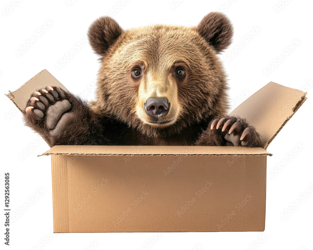 Fototapeta premium bear looking puzzled while trying to fit into tiny box, showcasing its playful nature and curiosity. This amusing scene captures essence of unexpected moments in wildlife