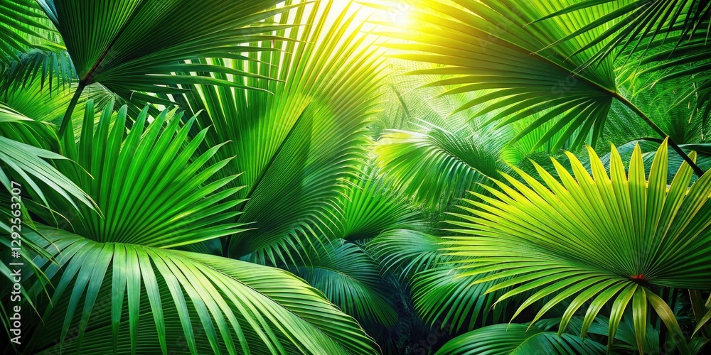 Fototapeta premium Serene Palm Leaves Background for Tropical Aesthetic, Lush Green Foliage, Nature Inspiration, Exotic Vibes, Summer Relaxation, Eco-Friendly Decor, Botanical Art, Vibrant Tropics, Natural Patterns
