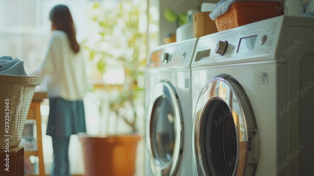 Woman doing laundry in bright home interior
