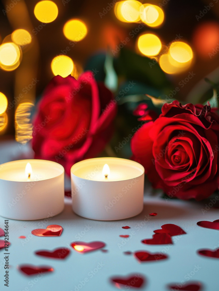 Romantic scene with white flameless LED tealight candles, red roses, and heart shaped decorations, creating warm and intimate atmosphere for special occasions Romantic scene with white flameless LED tealight candles, red roses, and heart shaped decorations, creating warm and intimate atmosphere for special occasions