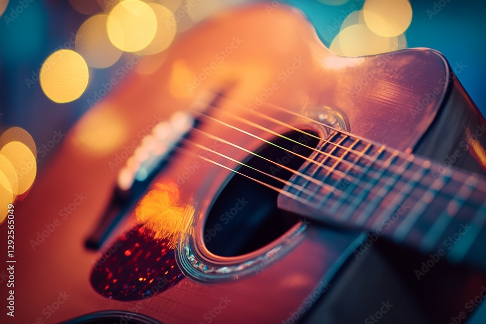 Obraz premium Detailed close up of an acoustic guitar beautifully showcased against a vibrant colored background