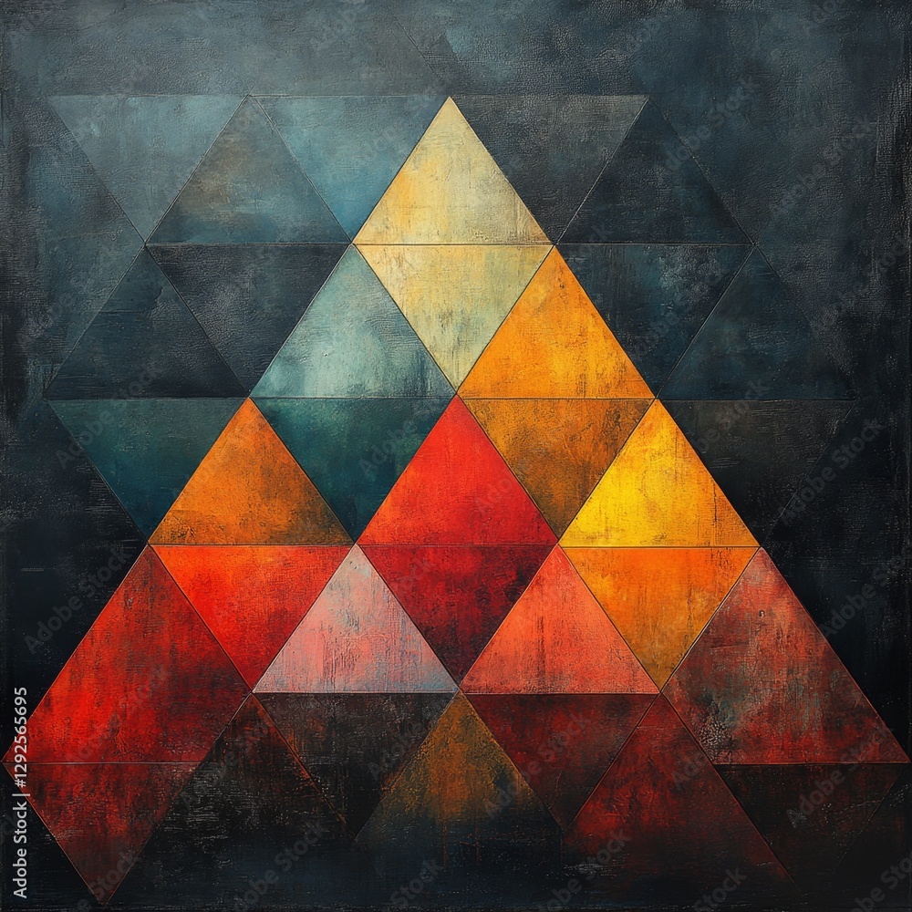 Abstract geometric art featuring vibrant colored triangles arranged in a dynamic composition on a dark textured background for modern décor Abstract geometric art featuring vibrant colored triangles arranged in a dynamic composition on a dark textured background for modern décor