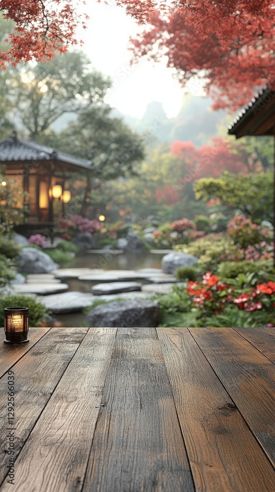 Tranquil Japanese Garden Scene With Wooden Table Tranquil Japanese Garden Scene With Wooden Table