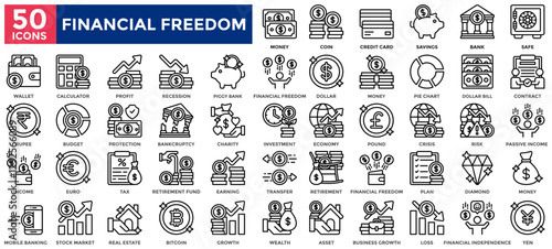 Financial Freedom icon collection set.Containing asset, investment, passive income, money, wealth, profit, savings, income, earning icon.Simple line vector illustration.	