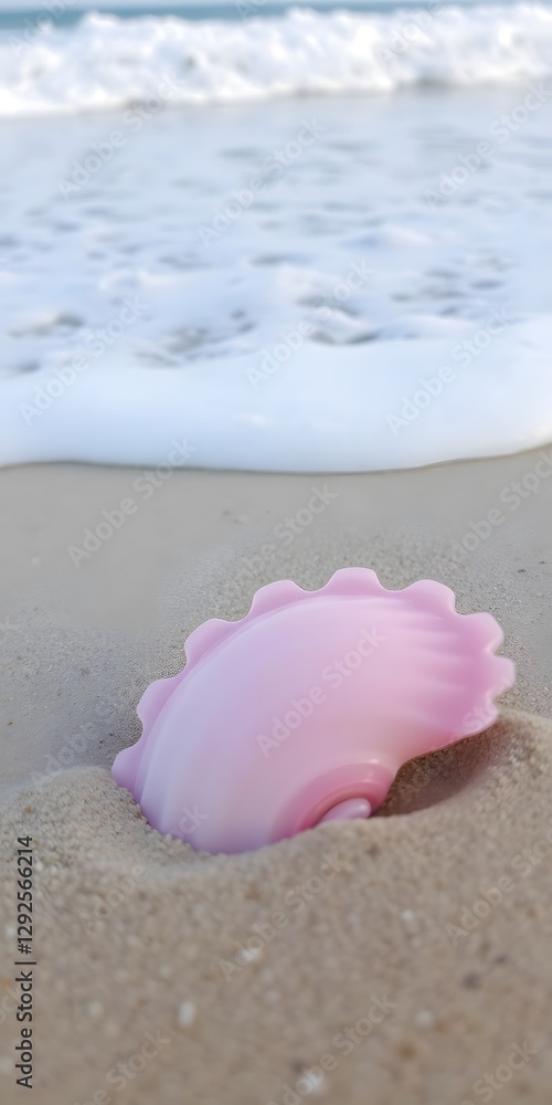 Pink Seashell with Ocean Waves Crashing in the Background on a Sandy Shore Pink Seashell with Ocean Waves Crashing in the Background on a Sandy Shore