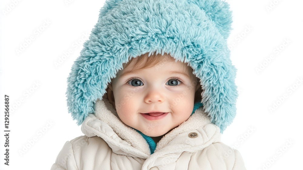 Baby in winter hat, smiling, studio shot, for use in children's apparel catalog Baby in winter hat, smiling, studio shot, for use in children's apparel catalog