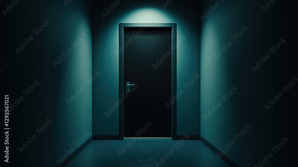dark hallway leads to mysterious black door, illuminated by soft light above, creating eerie atmosphere dark hallway leads to mysterious black door, illuminated by soft light above, creating eerie atmosphere