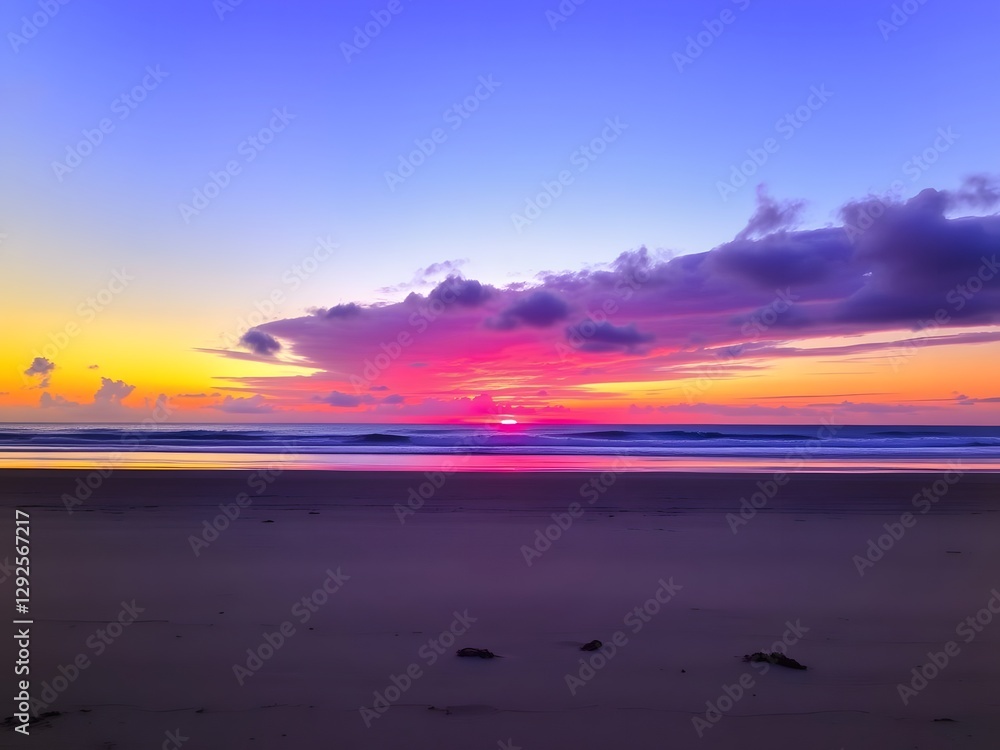 Fototapeta premium A remote beach with a vibrant sunset over the horizon, glowing purple and blue with soft clouds