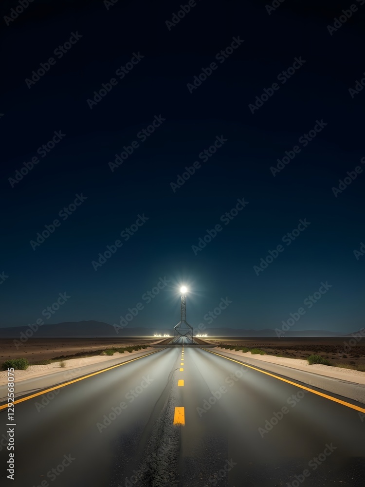 Naklejka premium A Towering Beacon Shines Over a Deserted Highway, Lighting the Path for Travelers