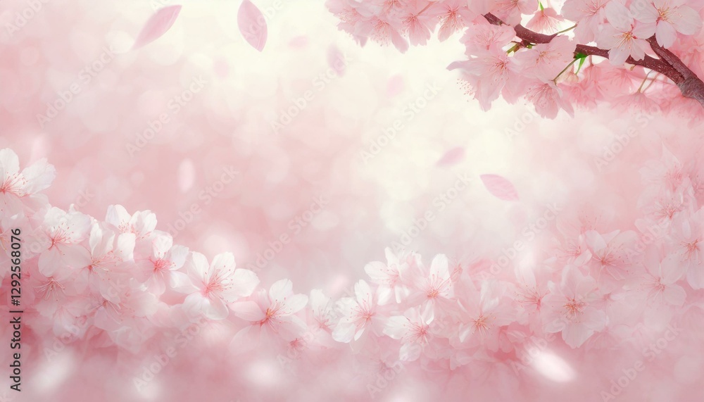 Fototapeta premium 淡いキラキラピンク色ぼかし背景に花びらが舞い散る美しい満開の桜の花 3DCGイラスト