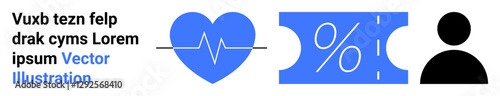 Blue heart with heartbeat line, discount coupon with percent sign, and user silhouette in black. Ideal for healthcare, sales, user experience, discounts, identity, profiles and abstract line flat