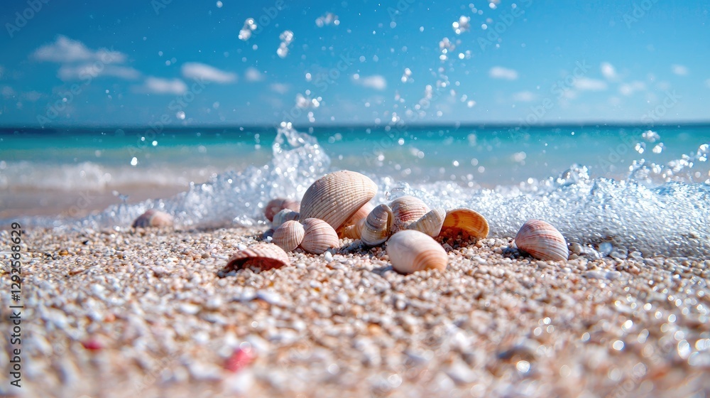 Seashells on sandy beach, wave splash, tropical ocean Seashells on sandy beach, wave splash, tropical ocean