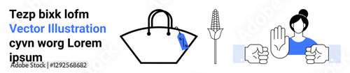 Handbag with tag, corn stalk, raised hand gesture paired with closed fists in flat vector style. Ideal for fashion, agriculture, communication, shopping guides, sustainability, ethical practices