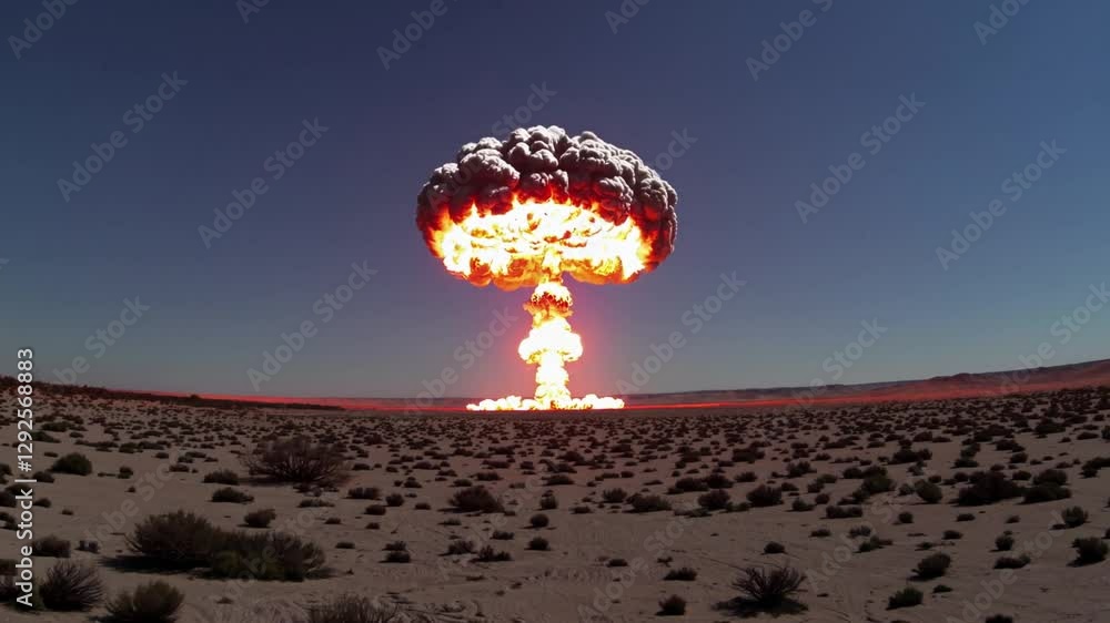 Slow Motion Nuclear Bomb Explosion in Desert – Massive Fireball Detonation, Intense Shockwave, Billowing Mushroom Cloud, Apocalyptic Destruction, High-Energy Blast, Scorching Heatwave, Devastating 