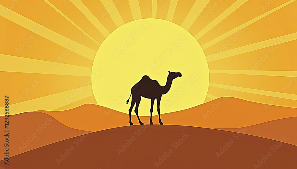 Fototapeta premium Camel silhouette against radiant sunburst in desert for travel blogs, tourism websites, spiritual content, and inspirational materials