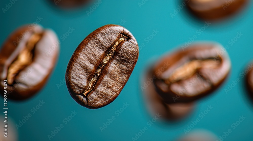 Fototapeta premium Coffee beans in mid-air on teal background