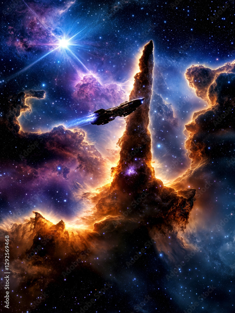 Fototapeta premium A futuristic spaceship sails through vibrant cosmic clouds illuminated by distant stars. The landscape is a mix of colors and shapes, creating a stunning view of the galaxy.