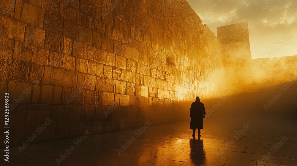 Fototapeta premium A peaceful moment of prayer at the Western Wall during sunset, sacred and solemn