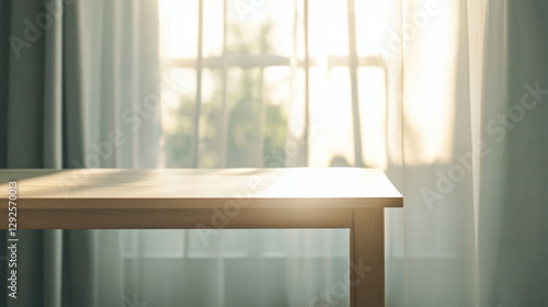 minimalist modern table with clean top, illuminated by soft sunlight filtering through sheer curtains, creating serene atmosphere