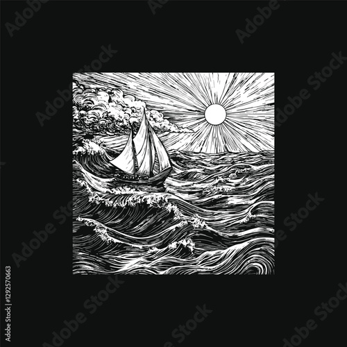 Dramatic scene sailboat with storm waves design vector template illustration