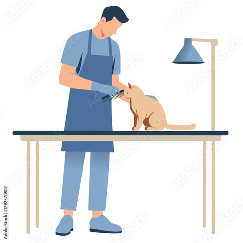 A groomer is styling a cat on a table in a professional setting.