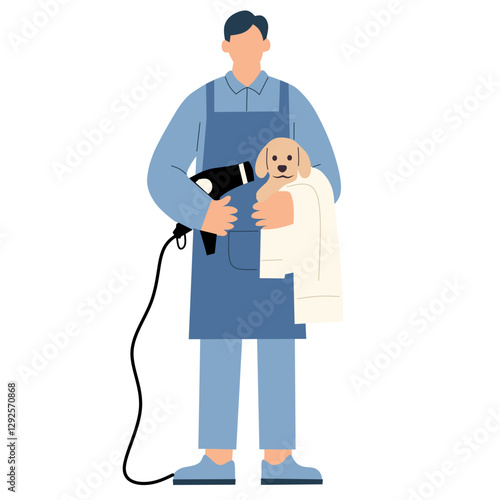 A person holding a dog wrapped in a towel, using a hairdryer for grooming.