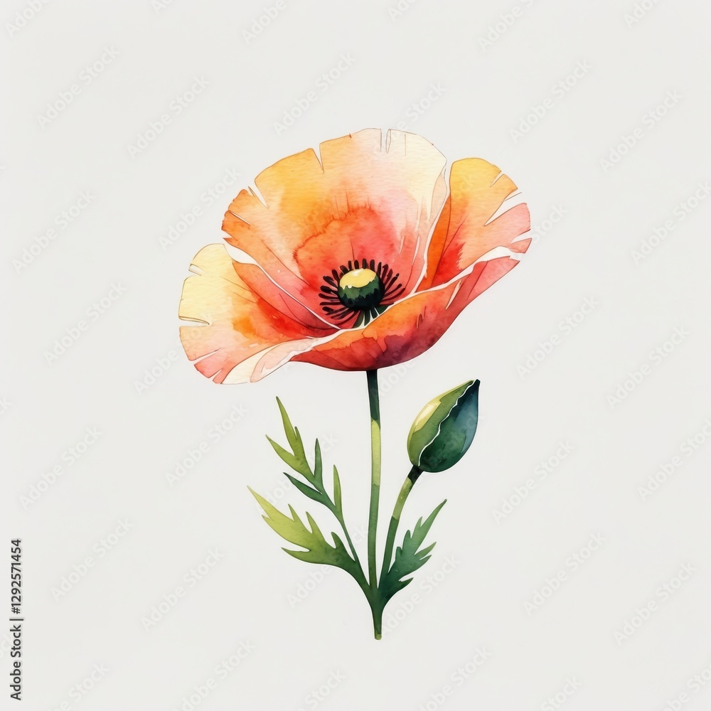 Naklejka premium Watercolor Painting of a Red Orange Poppy Flower